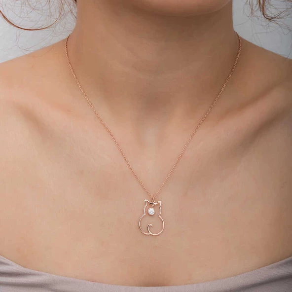 Gümüş Nisan Ayı Doğum Taşı Kedi Kadın Kolye SL6318 - Resim 7