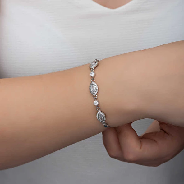 Gümüş Mekik Zirkon Taşlı Kadın Bileklik SL6338 - Resim 5