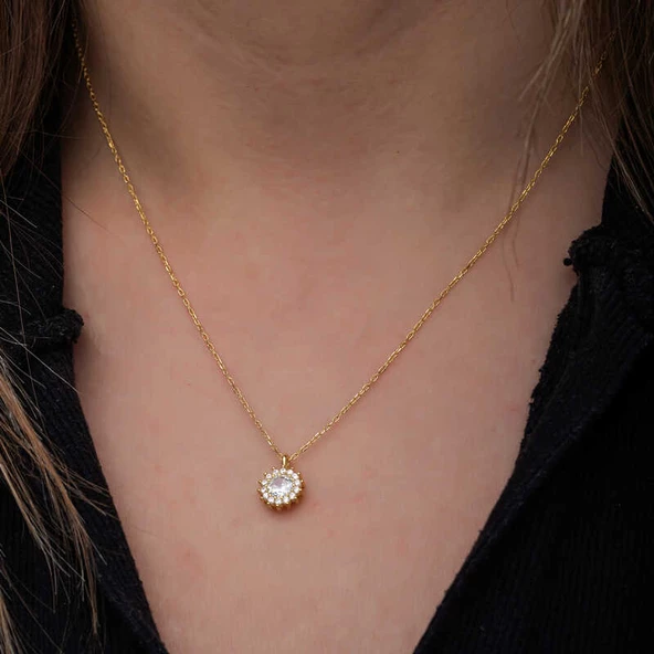 Gümüş Gold Minimal Yuvarlak Anturaj Kadın Kolye SL6725 - Resim 4