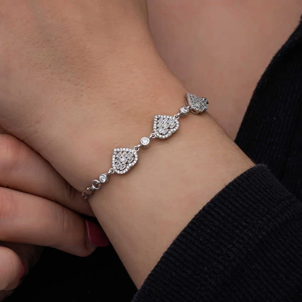 ​Gümüş Baget Taşlı Kalp Kadın Bileklik SL6714 - Resim 2