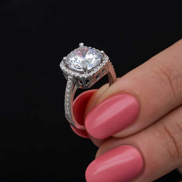 Gümüş Kare Montür Tek Taş Kadın Yüzük  SL6876 - Resim 10