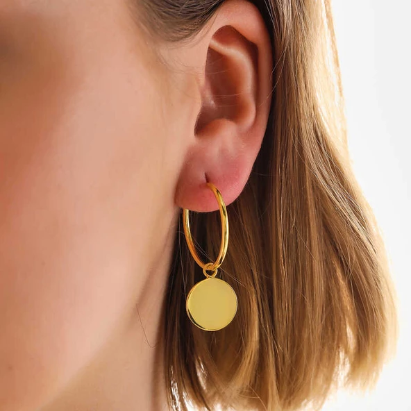 Gümüş Gold Sallantılı Halka Kadın Küpe SL6815 - Resim 2