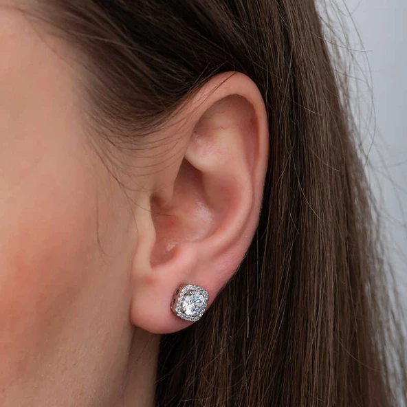 Gümüş Kare Montür Pırlanta Çivilii Modeli Küpe SL6887 - Resim 7