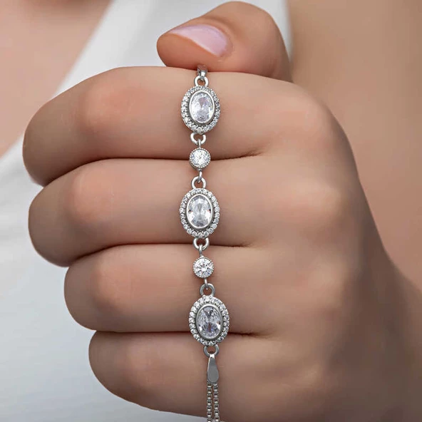Gümüş Oval Taşlı Kadın Bileklik  SL6331 - 1