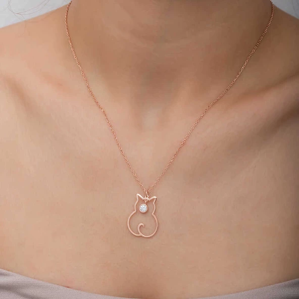 Gümüş Nisan Ayı Doğum Taşı Kedi Kadın Kolye SL6318 - Resim 8