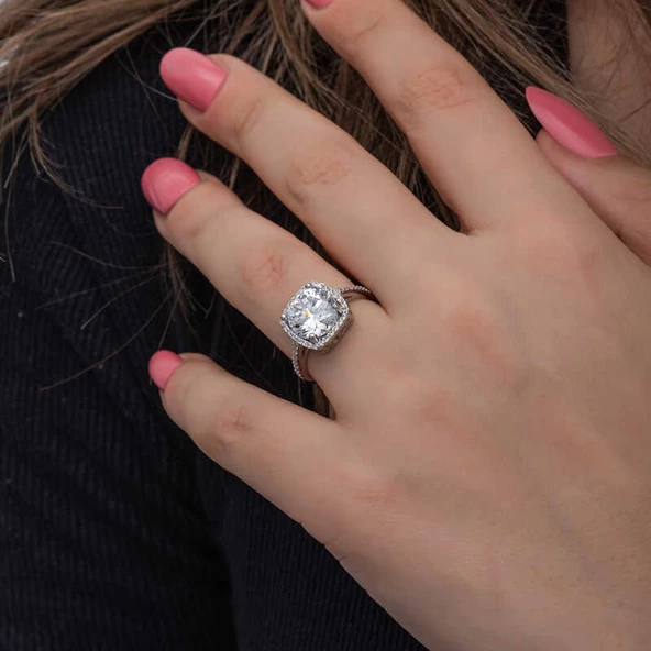 Gümüş Kare Montür Tek Taş Kadın Yüzük  SL6876 - Resim 7