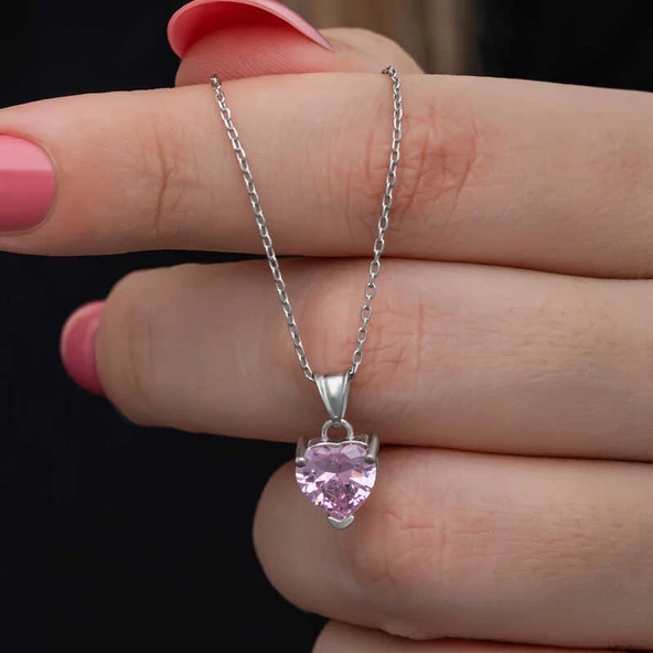 Gümüş Pembe Taşlı Kalpli Kadın Kolye SL6921 - Resim 5