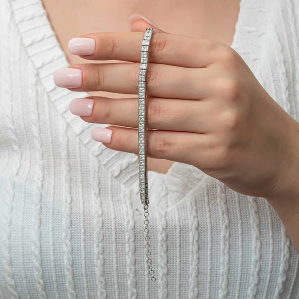 Gümüş Beyaz Taşlı Su Yolu Kadın Bileklik  SL7382 - Resim 2