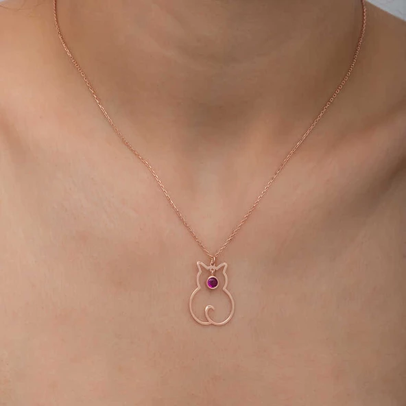 Gümüş Temmuz Ayı Doğum Taşı Kedi Kadın Kolye SL6320 - Resim 7