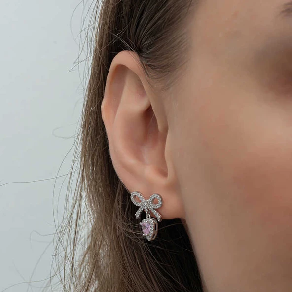 Gümüş Fiyonk Pembe Taşlı Kalpli Çivili Kadın Küpe SL6592 - Resim 6