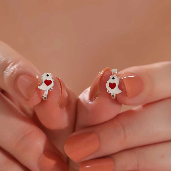 Gümüş Kalpli Kuş Çocuk Küpesi  SL6820 - Resim 2