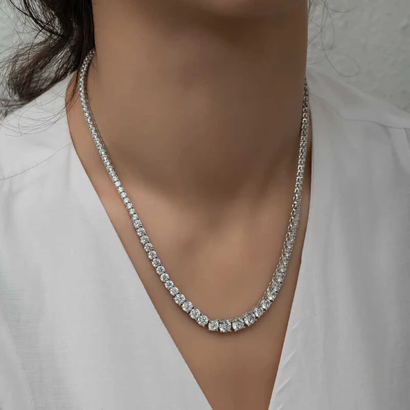 Gümüş Süzme Beyaz Taşlı Su Yolu Kadın Kolye SL7015 - Resim 4