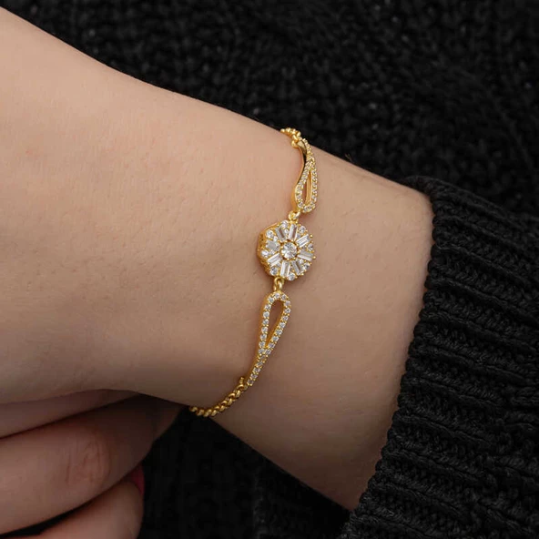 Gümüş Gold Baget Taşlı Kadın Bileklik  SL7197 - Resim 6