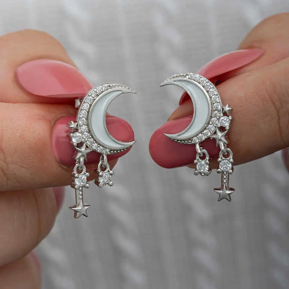 Gümüş Sallantılı Ay Yıldız Kadın Küpe SL6597 ürün görseli