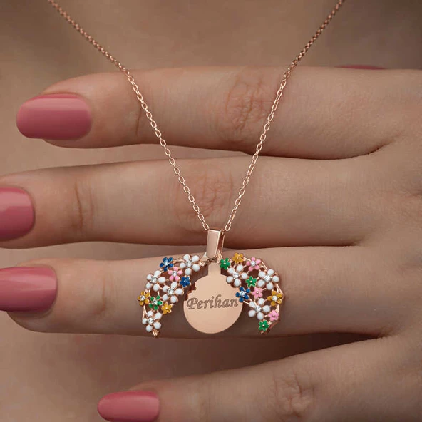 Gümüş Rose Renkli Çiçek Kişiye Özel Kadın Kolye SL6667 ürün görseli