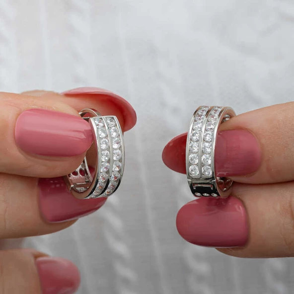 Gümüş Sıra Taşlı Halka Kadın Küpe SL6610 - Resim 2