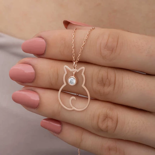 Gümüş Nisan Ayı Doğum Taşı Kedi Kadın Kolye SL6318 - Resim 3