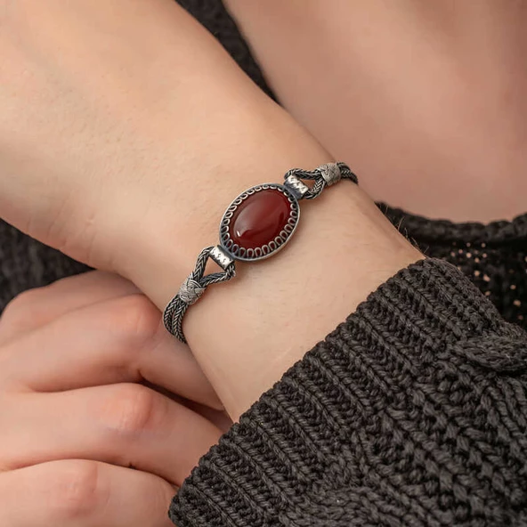 Gümüş Akik Taşlı Kazaziye Bileklik SL7295 - Resim 4