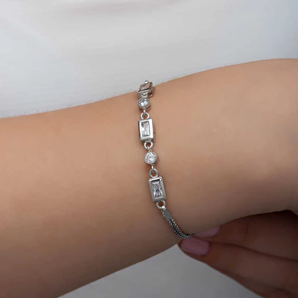 Gümüş Dikdörtgen Zirkon Taşlı Kadın Bileklik SL6342 - Resim 5