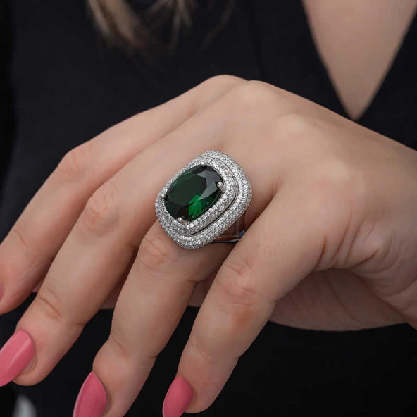 Gümüş Yeşil Zirkon Taşlı Kadın Yüzük SL6831 - Resim 11