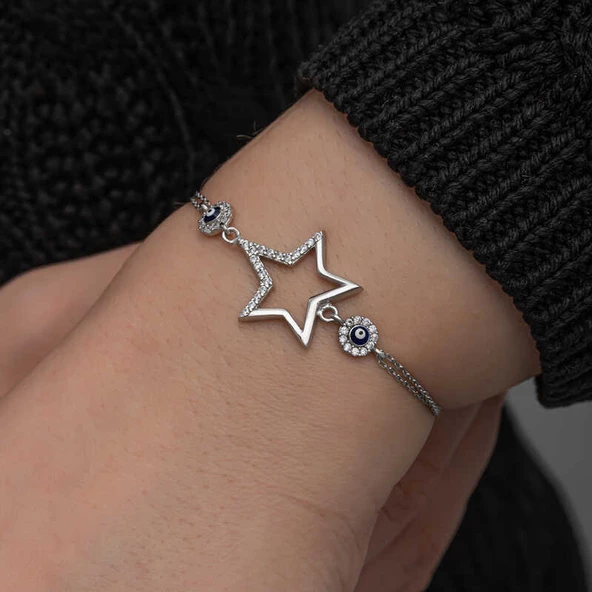 Gümüş Yıldız Nazarlı Kadın Bileklik SL6997 - Resim 7