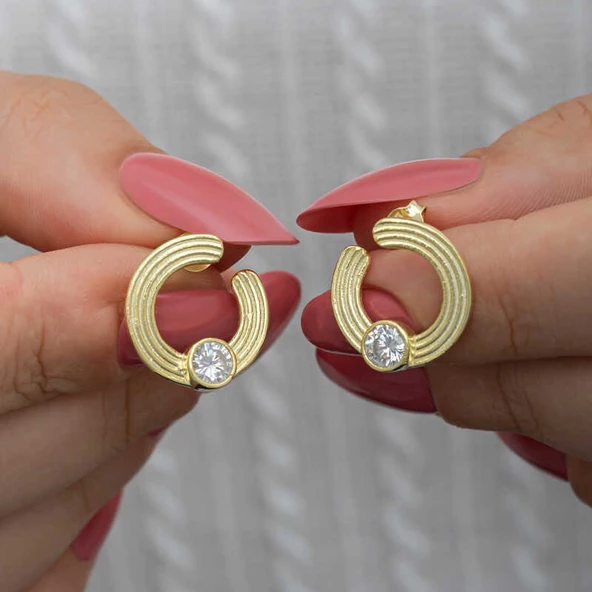 Gümüş Gold Tektaş Halka Kadın Çivili Küpe SL6598