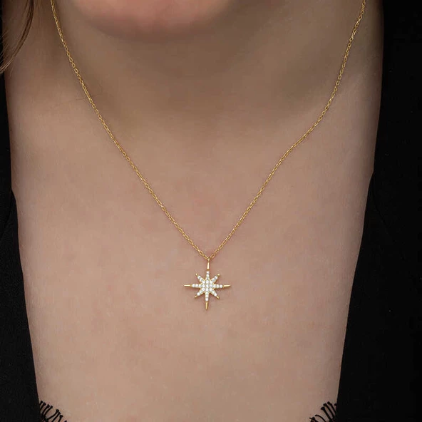 Gümüş Gold Kutup Yıldızı Kadın Kolye SL6657 - Resim 5