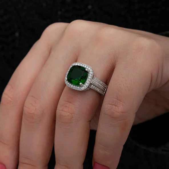 Gümüş Yeşil Baget Kare Kadın Yüzük SL7201 - Resim 8