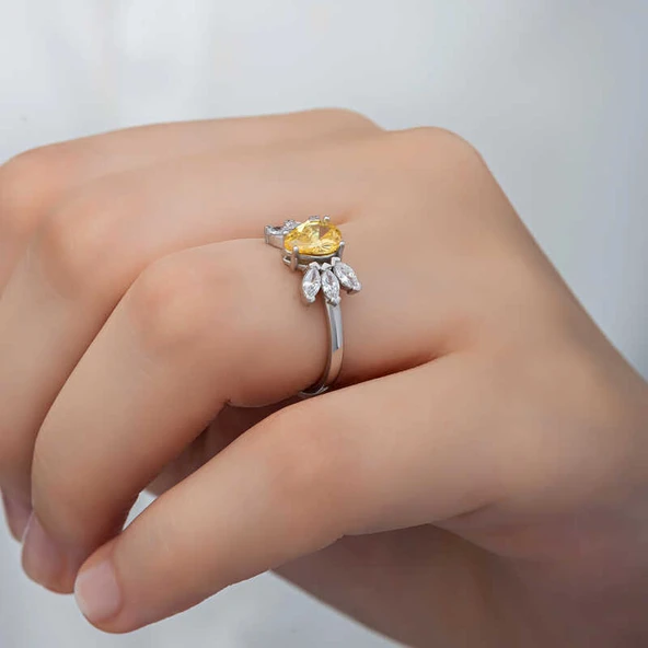 Gümüş Sarı Damla Zirkon Taşlı Kadın Yüzük SL6259 - Resim 7