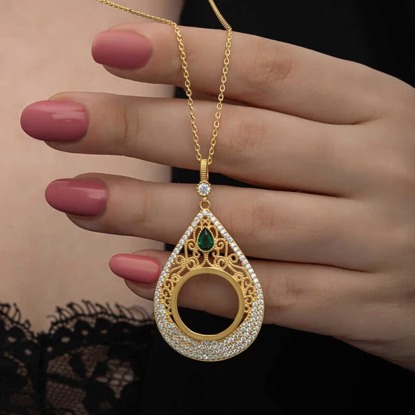 Gümüş Gold Kaplama Damla Çeyrek Takılabilen Kadın Kolye  SL6625 - Resim 7