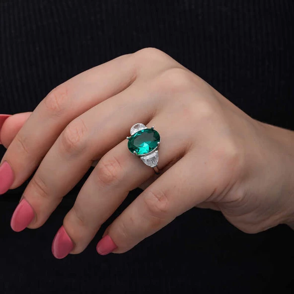 Gümüş Yeşil Renk Paraiba Taşlı Kadın Yüzük  SL6848 - Resim 5