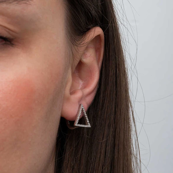 Gümüş Beyaz Taşlı Üçgen Küpe  SL6688 - Resim 8