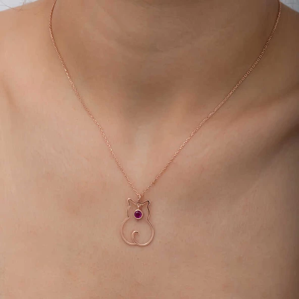 Gümüş Temmuz Ayı Doğum Taşı Kedi Kadın Kolye SL6320 - Resim 6