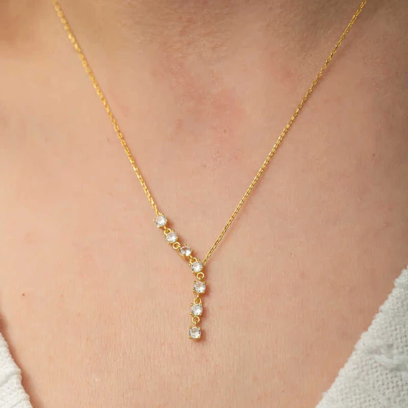 Gümüş Zirkon Sıra Taşlı Gold Kadın Kolye SL8134 - Resim 2