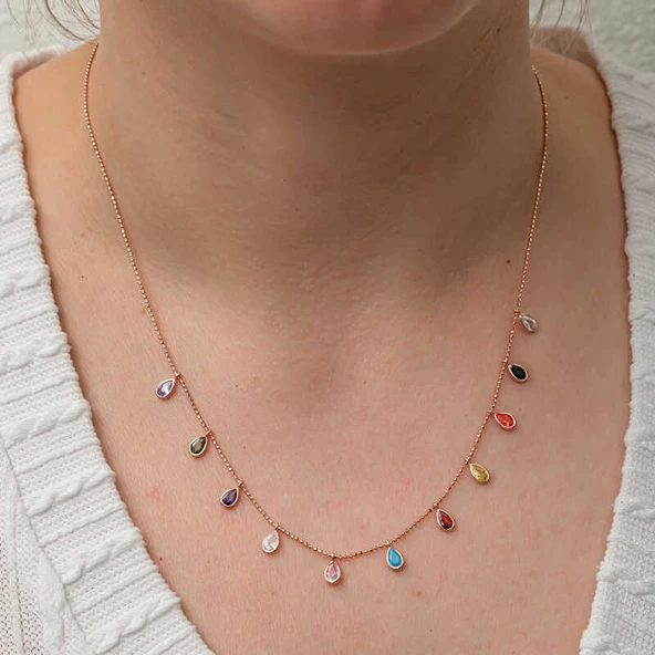 Gümüş Renkli Damla Taşlı Şans Kadın Kolye SL8193 - Resim 3