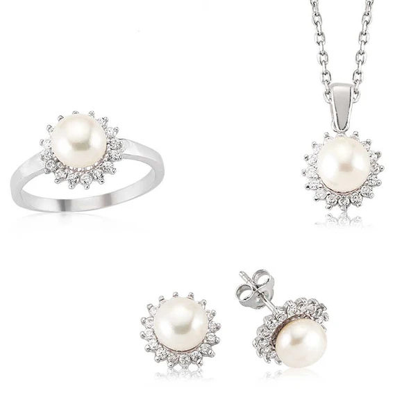 Gümüş Zirkon Taşlı İnci Bayan Set SL5973 - Resim 2