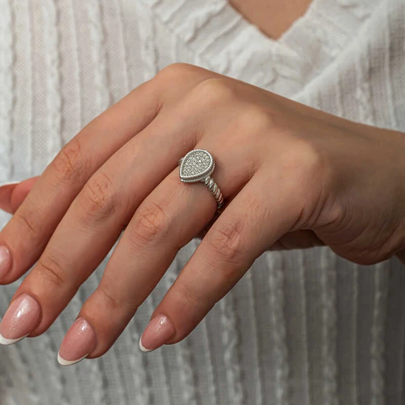 Gümüş Damla Zirkon Taşlı Kadın Yüzük T8885 SL8177 - Resim 10