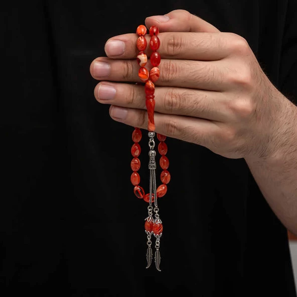 Gümüş Püskül Sıkma Kehribar Tesbih  SL7422 - Resim 2