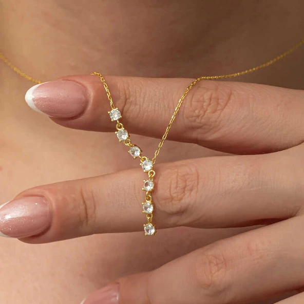 Gümüş Zirkon Sıra Taşlı Gold Kadın Kolye SL8134 - Resim 5