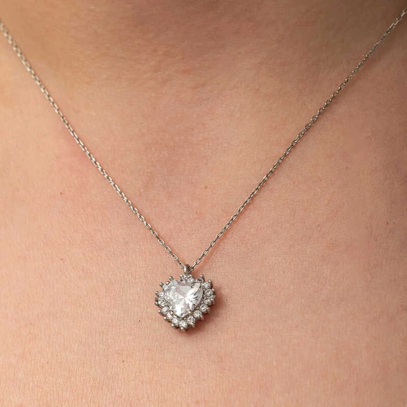 Gümüş Zirkon Taşlı Kalp Kadın Kolye SL8073 - Resim 3