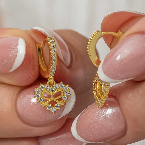 Gümüş Gold Kalp Kurdele Sallantılı Kadın Küpe SL7988 ürün görseli