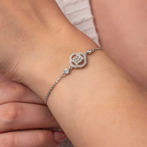 Gümüş Yonca Baget Taşlı Kadın Bileklik SL8186 - Resim 5