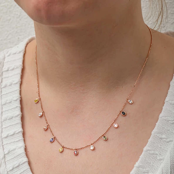 Gümüş Renkli Oval Taşlı Şans Kadın Kolye SL8238 - Resim 4