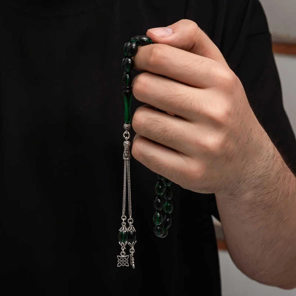 Gümüş Püskül Sıkma Kehribar Tesbih  SL7427 - Resim 2