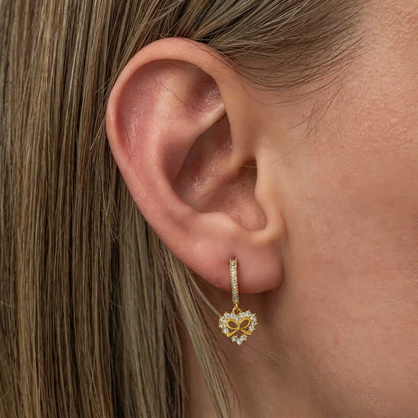 Gümüş Gold Kalp Kurdele Sallantılı Kadın Küpe SL7988 - Resim 2