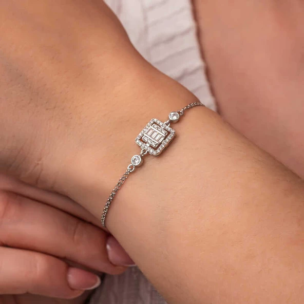 Gümüş Kare Baget Taşlı Kadın Bileklik SL8187 - Resim 10