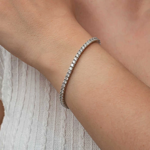 Gümüş 3.5 mm Beyaz Taşlı Su Yolu Kadın Bileklik SL8716 - Resim 5