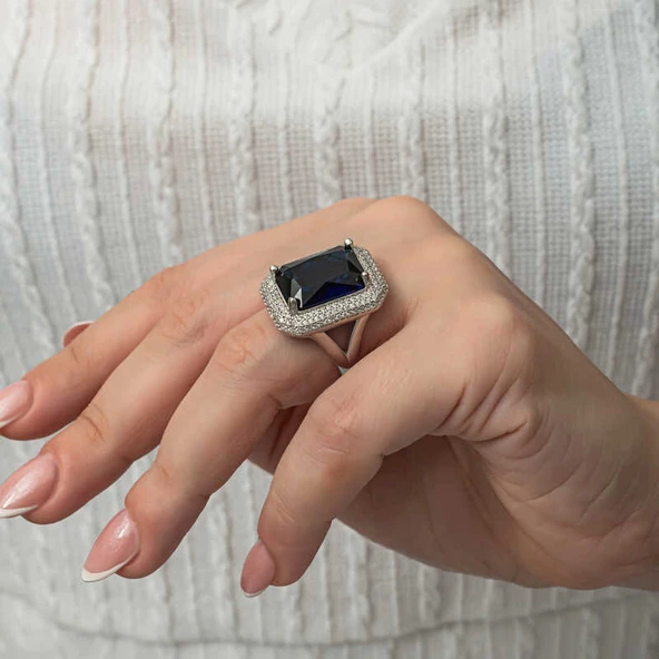 Gümüş Lacivert Zirkon Taşlı Kadın Yüzük SL8176 - Resim 10