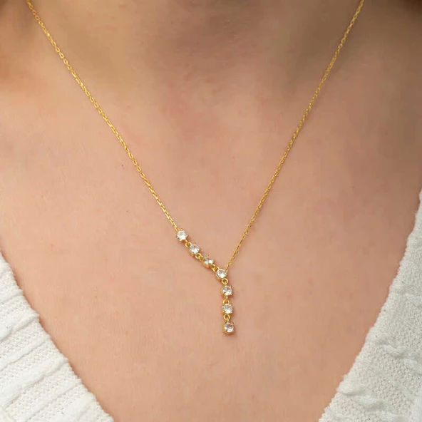 Gümüş Zirkon Sıra Taşlı Gold Kadın Kolye SL8134 - Resim 4