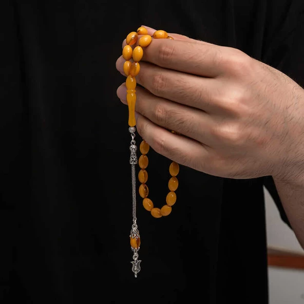 Gümüş Püskül Sıkma Kehribar Tesbih  SL7434 - Resim 2